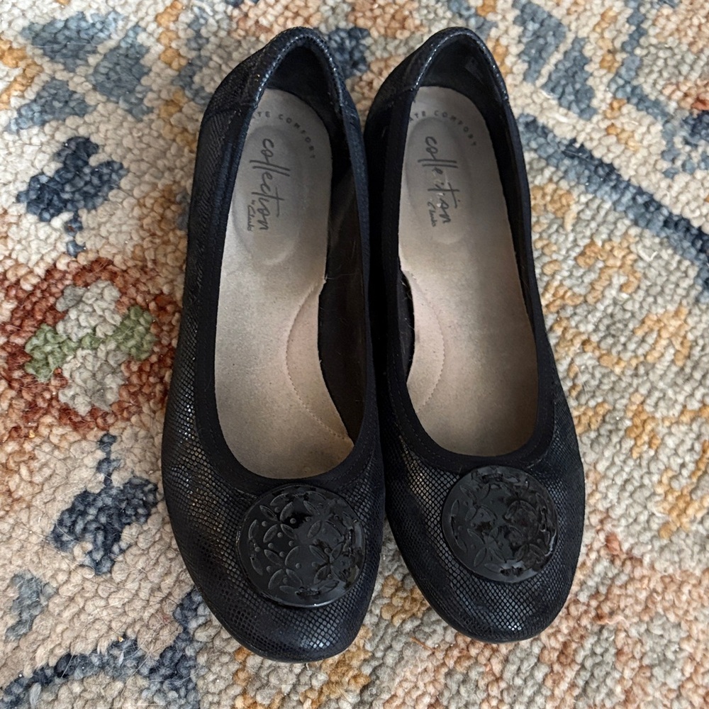 Black Comfort Flats with Decorative Medallion by Clarks